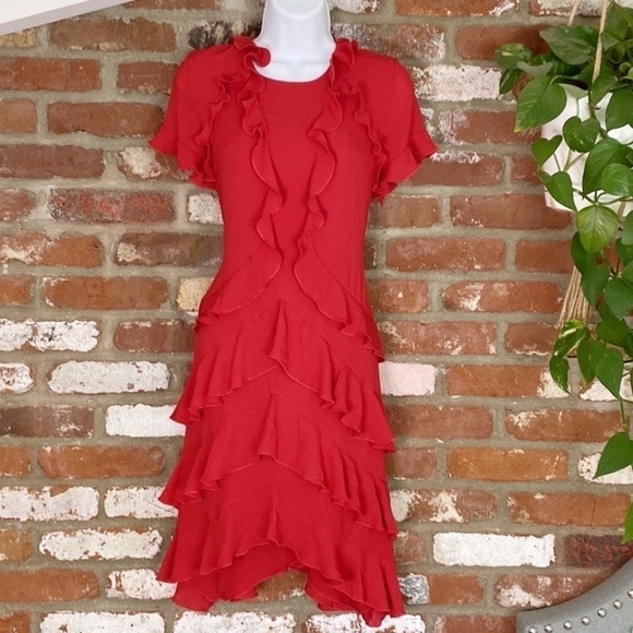Bailey 44 Tiered Ruffled Shift Dress Red size medium short sleeve asymmetrical - Picture 4 of 9